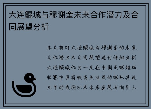 大连鲲城与穆谢奎未来合作潜力及合同展望分析