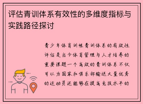评估青训体系有效性的多维度指标与实践路径探讨 评估青训体系有效性的多维度指标与实践路径探讨