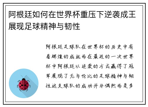 阿根廷如何在世界杯重压下逆袭成王展现足球精神与韧性