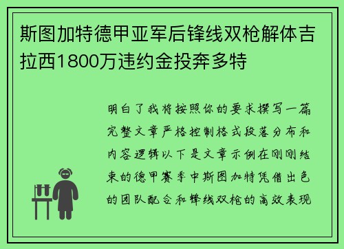斯图加特德甲亚军后锋线双枪解体吉拉西1800万违约金投奔多特 斯图加特德甲亚军后锋线双枪解体吉拉西1800万违约金投奔多特
