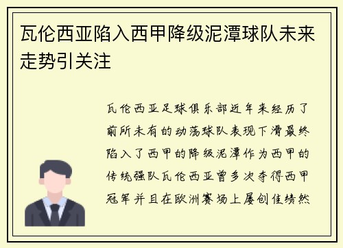 瓦伦西亚陷入西甲降级泥潭球队未来走势引关注 瓦伦西亚陷入西甲降级泥潭球队未来走势引关注